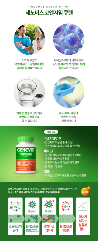 코엔자임Q10, 비타민C, 셀렌의 주요 효능 인포그래픽