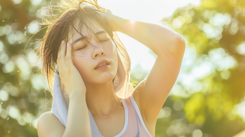 여름철 뜨거운 태양 아래에서 땀 흘리는 사람