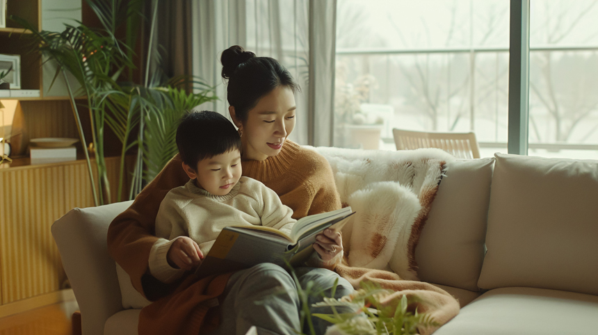 부모와 함께 책을 읽는 아이